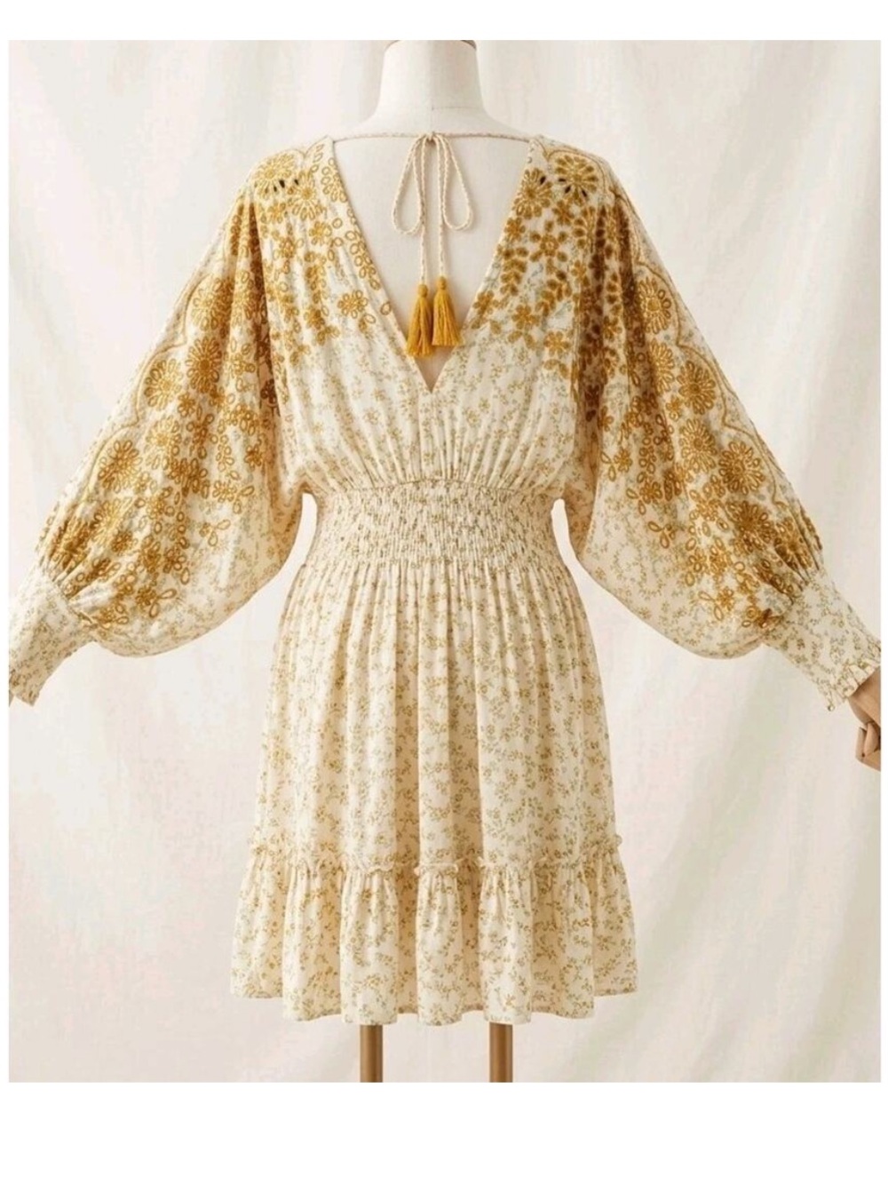 NWT Boho lovestitch Cream Dress with Mustard Floral Embroidery
